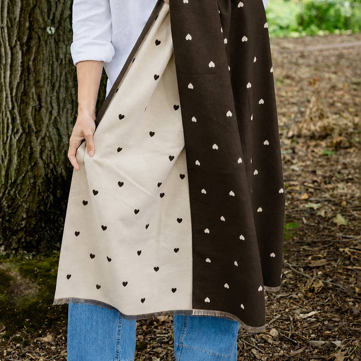 Holly Heart Scarf styled in rich chocolate brown with delicate cream hearts