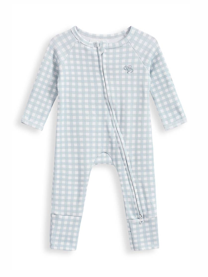 Homegrown Kids Light Blue Gingham Rib Growsuit with two way zipper