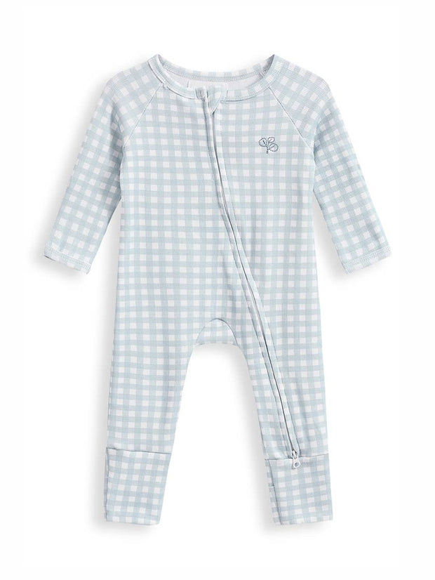 Homegrown Kids Light Blue Gingham Rib Growsuit with two way zipper