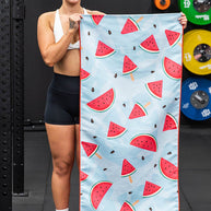 Watermelon themed hooded gym towel designed for gym benches