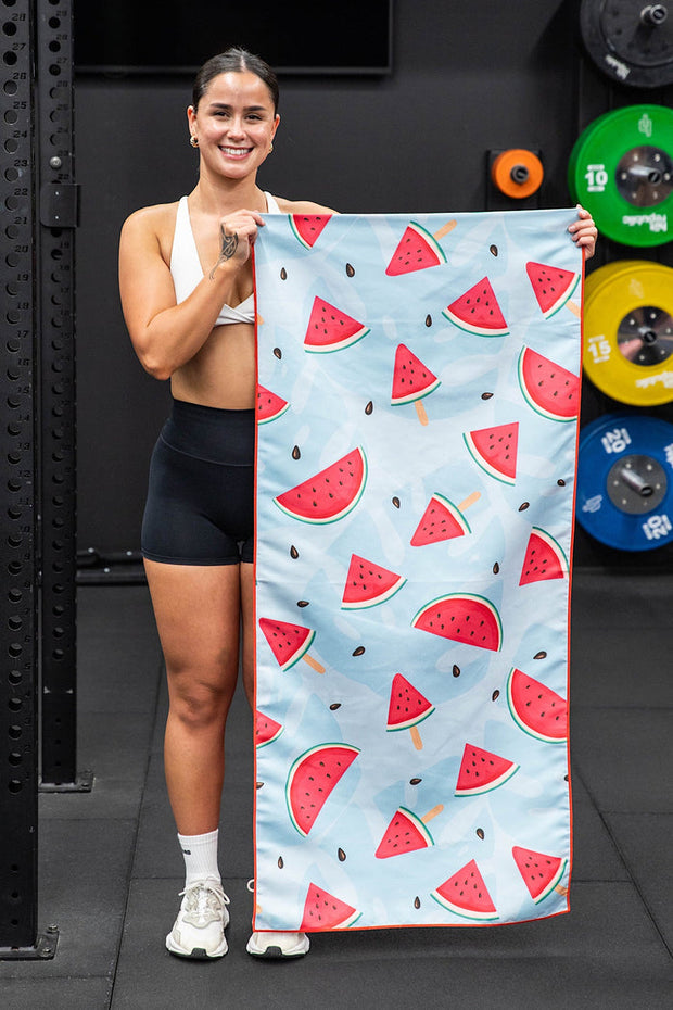 Watermelon themed hooded gym towel designed for gym benches
