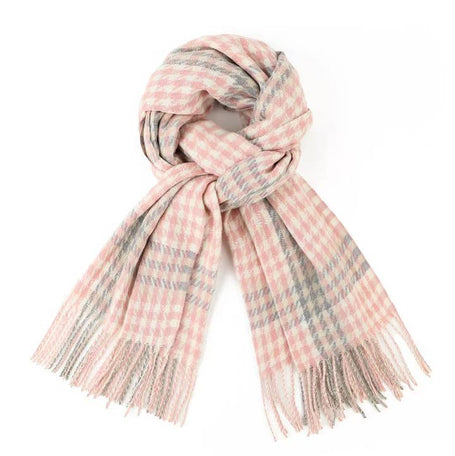 Houndstooth Pink and Grey Classic Check Winter Scarf with tassel detail