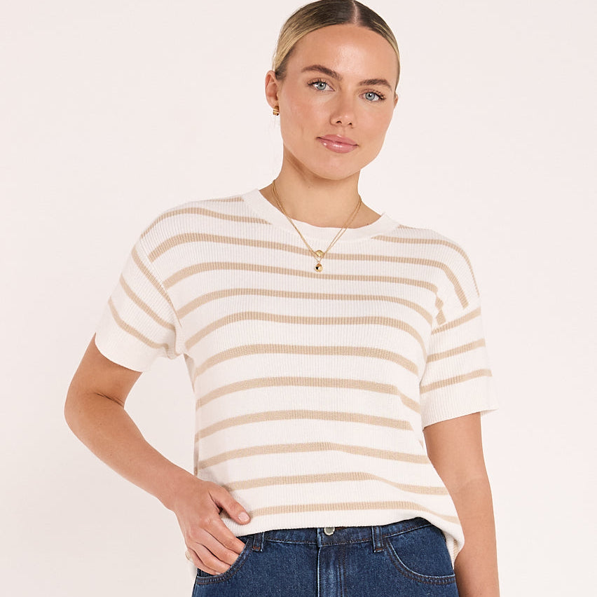 Jasper Knitted Tee White Oatmeal Stripe lightweight cotton knit top