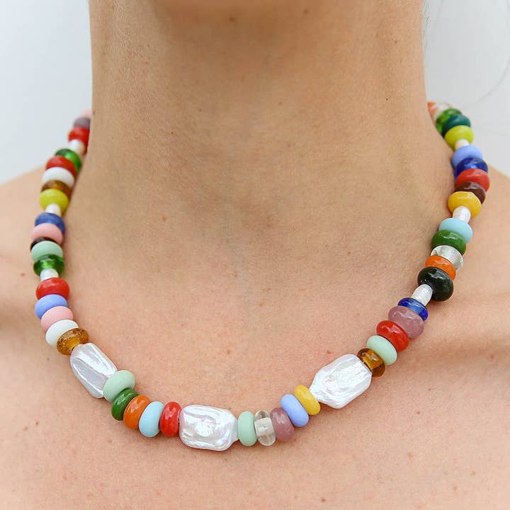 Kingston Jewellery Sumitra Necklace handmade in Australia with multicolour glass beads and freshwater pearls