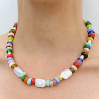 Kingston Jewellery Sumitra Necklace handmade in Australia with multicolour glass beads and freshwater pearls