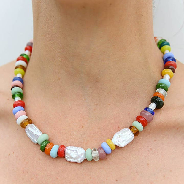 Kingston Jewellery Sumitra Necklace handmade in Australia with multicolour glass beads and freshwater pearls
