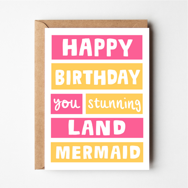 Friends of Henry Happy Birthday You Stunning Land Mermaid card with pink and yellow text design