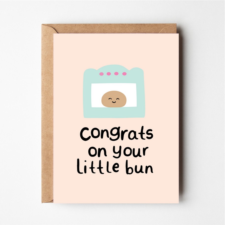 Friends of Henry Congrats on Your Little Bun card with bun in the oven illustration