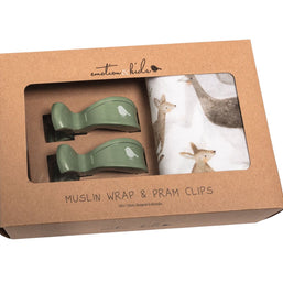 Australiana muslin wrap with sage pram clips set