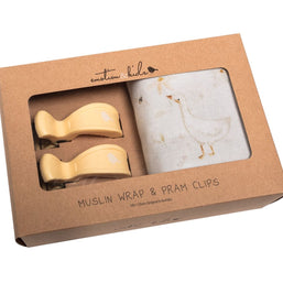 Gwen the Goose muslin wrap with buttermilk pram clips set