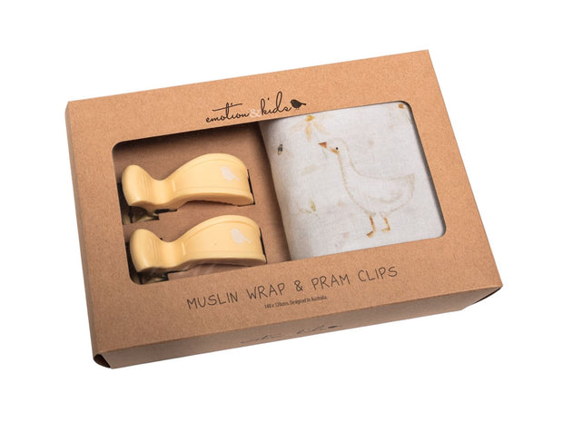 Gwen the Goose muslin wrap with buttermilk pram clips set