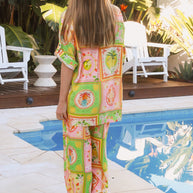 Rayon resort top in vibrant green and pink print – Emma Top