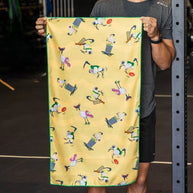 Man holding bin chicken cricket and footy print gym towel