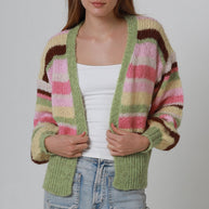 Model wearing rainbow stripe mohair blend cardigan in sage green
