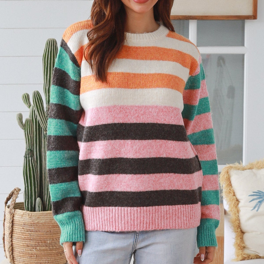 Multi Colour Stripe Knit Sweater relaxed fit crew neck