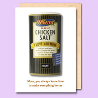 A card with Mitani chicken salt on the front. The text says 