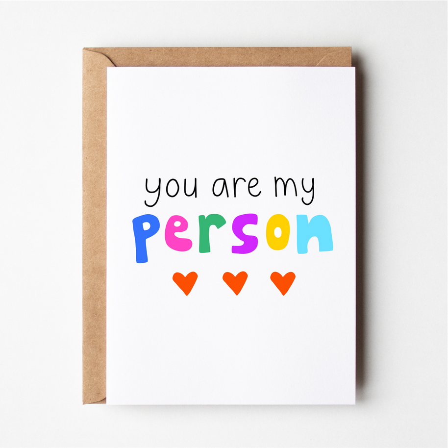 Friends of Henry You Are My Person card with colourful text and hearts