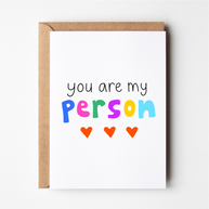 Friends of Henry You Are My Person card with colourful text and hearts