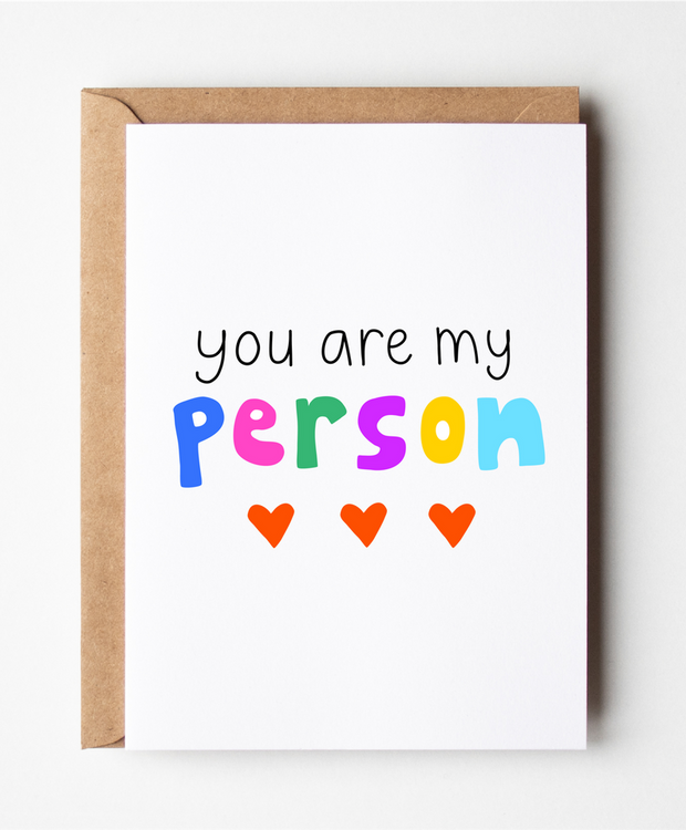 Friends of Henry You Are My Person card with colourful text and hearts