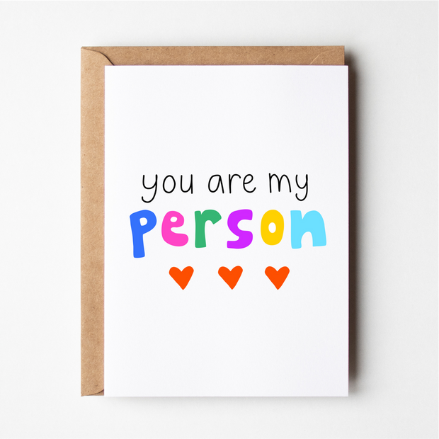 Friends of Henry You Are My Person card with colourful text and hearts