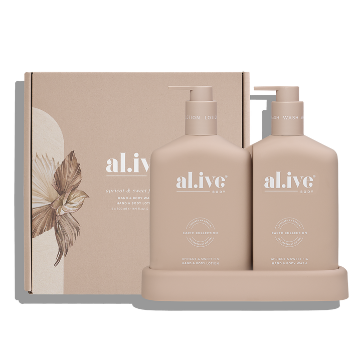 Al.ive Body Wash & Lotion Duo – Apricot & Sweet Fig (500 ml each + Tray)