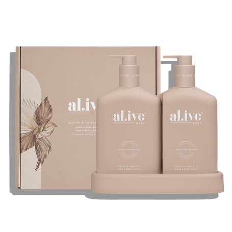 al.ive body fruity gift set featuring apricot and sweet fig scent 500ml duo and tray