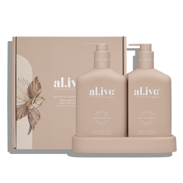Al.ive Body Wash & Lotion Duo – Apricot & Sweet Fig (500 ml each + Tray)