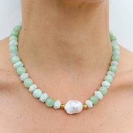 Natural green quartz aquamarine and keshi pearl beaded necklace with gold accents