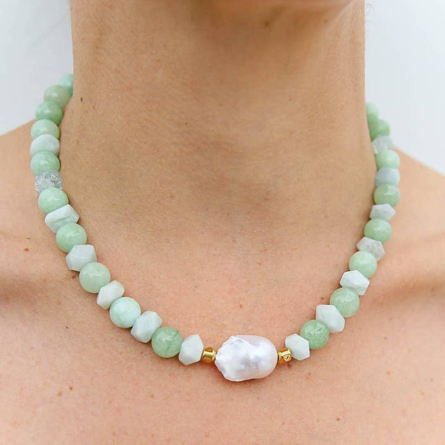 Natural green quartz aquamarine and keshi pearl beaded necklace with gold accents