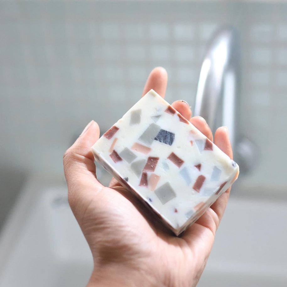Natural terrazzo-style hand and body soap bar 90g with sea salt and shea butter