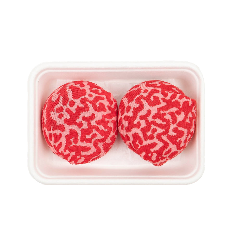 Novelty food themed socks shaped like grass fed beef burger patties
