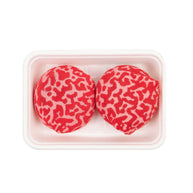 Novelty food themed socks shaped like grass fed beef burger patties
