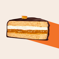 Sweet Orange Love Wheel biscuit with citrus filling, vanilla marshmallow, and chocolate coating.