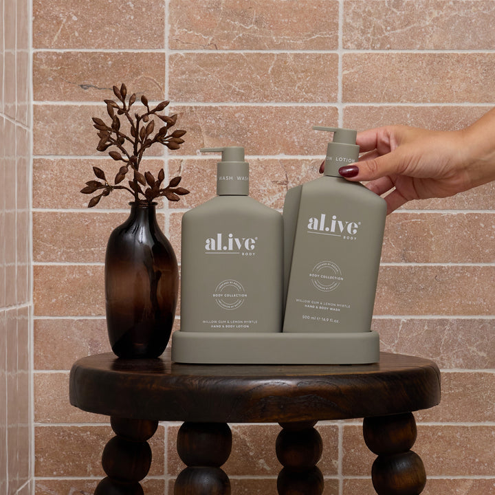 Olive colourway hand and body wash and lotion with matching tray