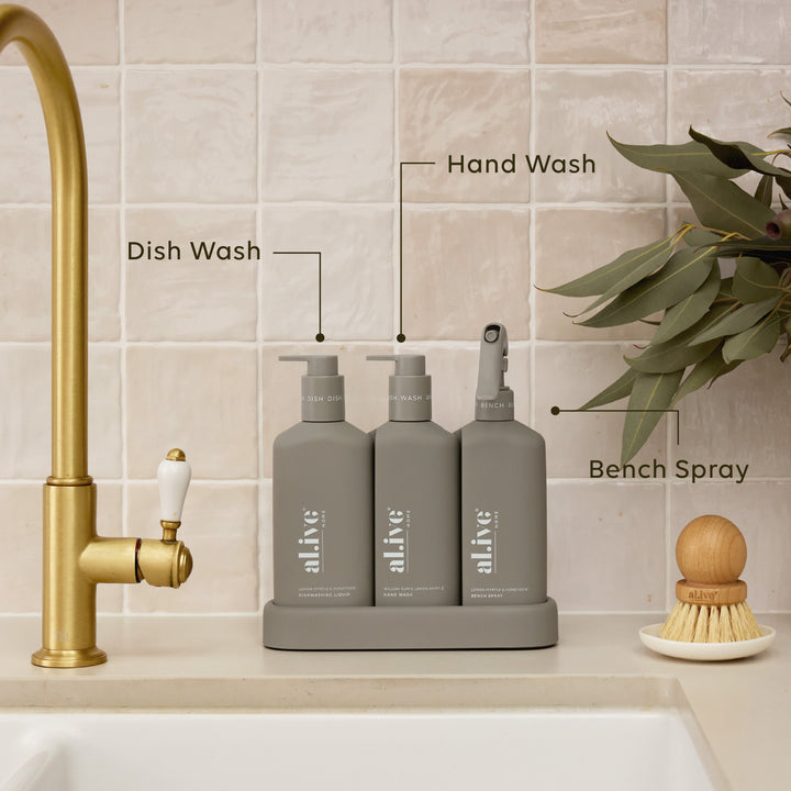 Olive colourway hand wash, dish wash and bench spray with tray