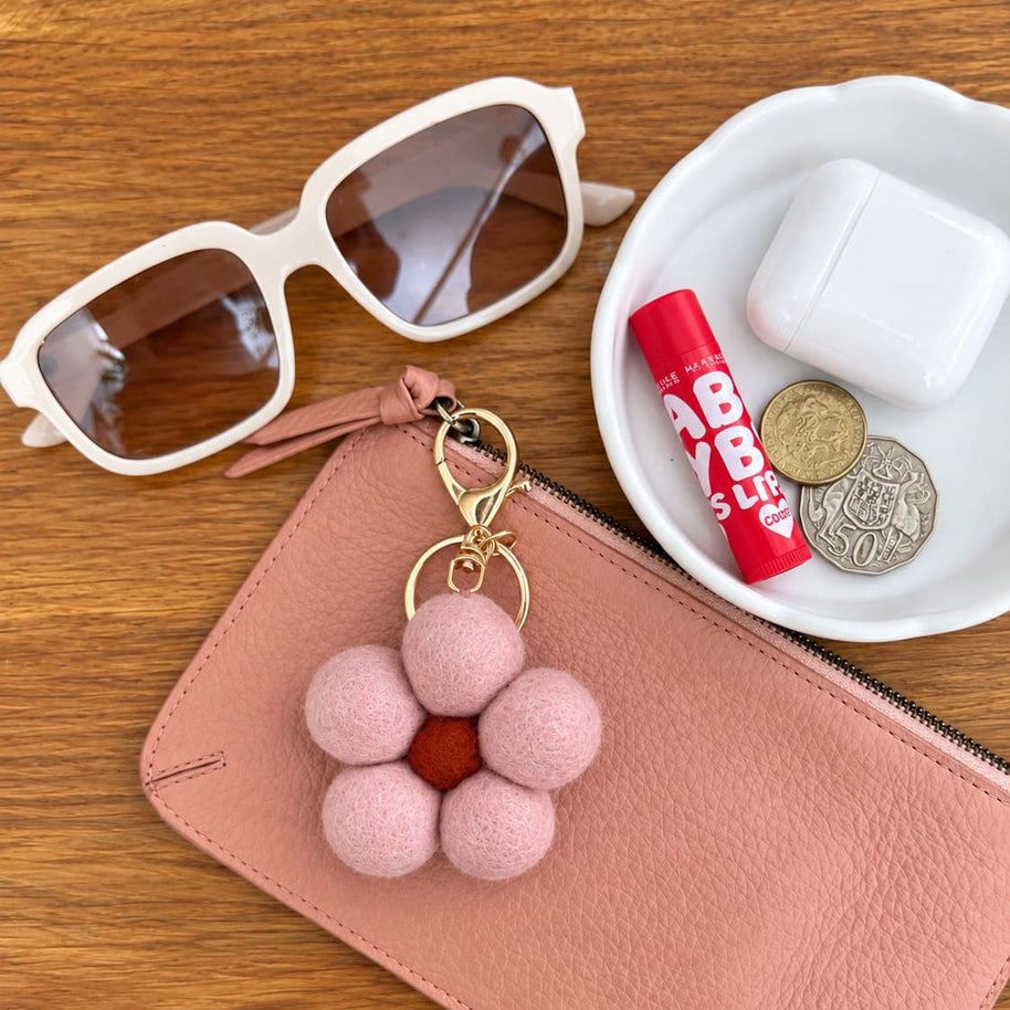 Pink Felt Flower Keychain