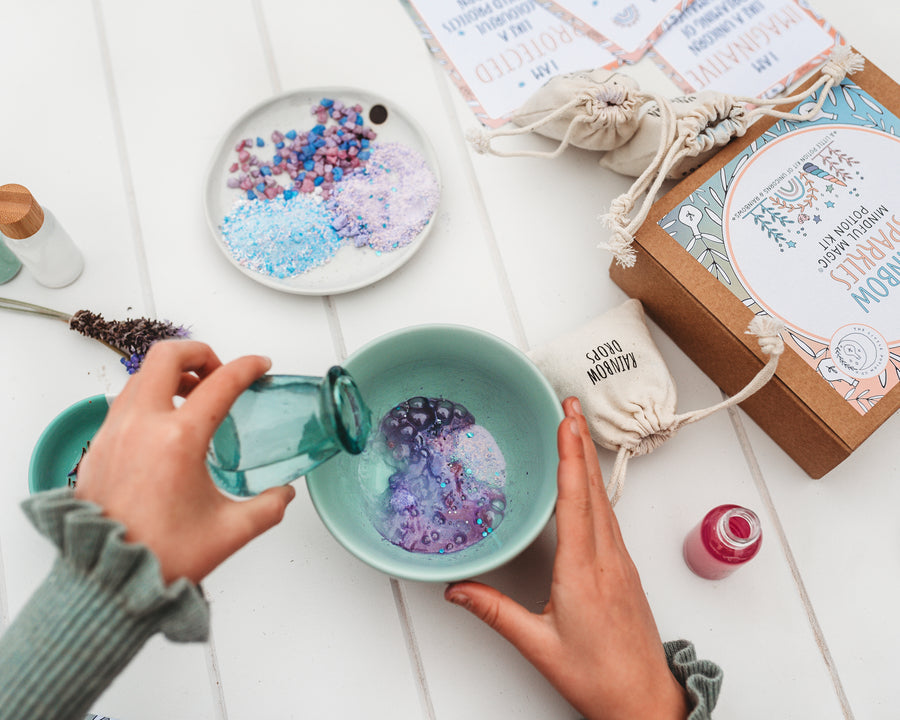 Children’s potion play set with fizzing, eco glitter ingredients for creativity and kindness