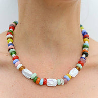 Rainbow coloured beaded necklace with keshi and freshwater pearl accents by Kingston Jewellery