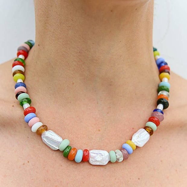 Rainbow coloured beaded necklace with keshi and freshwater pearl accents by Kingston Jewellery