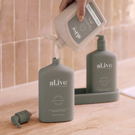 Recycled plastic lotion refill bottle in Olive colourway