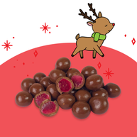 Milk chocolate coated raspberries in fun Aussie Reindeer Poo packaging