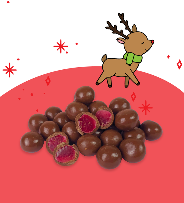 Milk chocolate coated raspberries in fun Aussie Reindeer Poo packaging