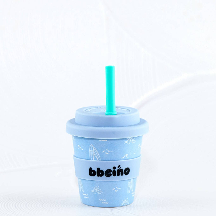 Reusable bamboo fibre cup with blue surf and sunshine print
