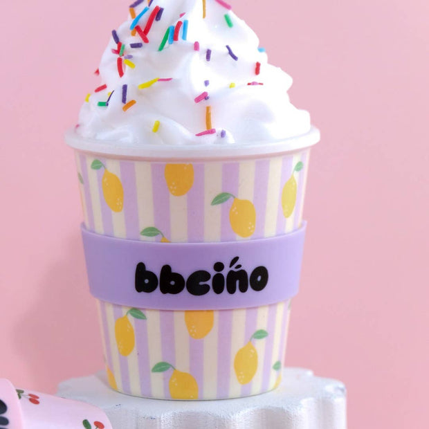 Reusable bamboo fibre cup with lemon and stripe print
