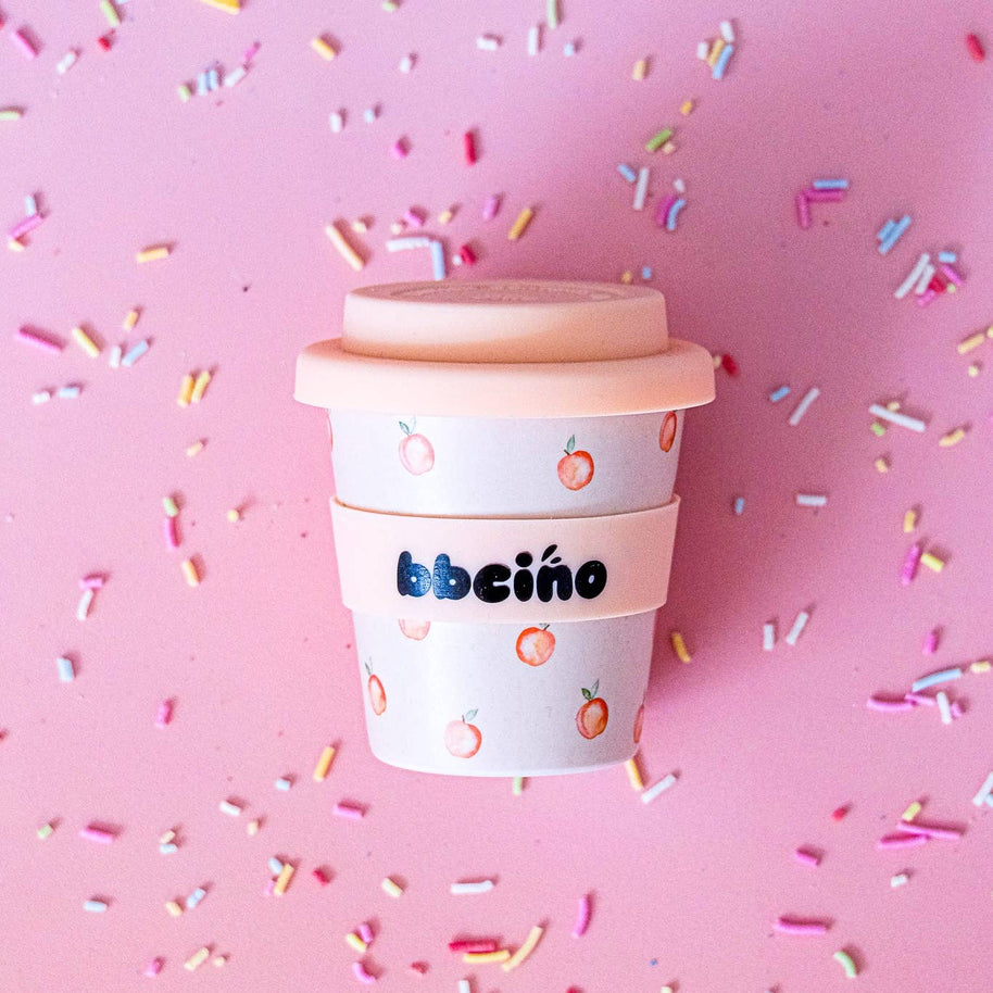 Reusable bamboo fibre cup with watercolour peach print
