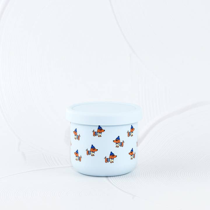 Reusable food-grade silicone kids snack pot with dressed-up dachshund illustration