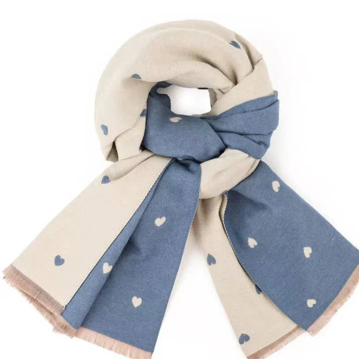 Reversible Holly Heart Winter Scarf in blue and cream heart print