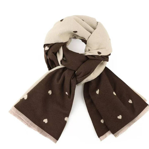  Reversible Holly Heart Winter Scarf in chocolate brown and cream heart print