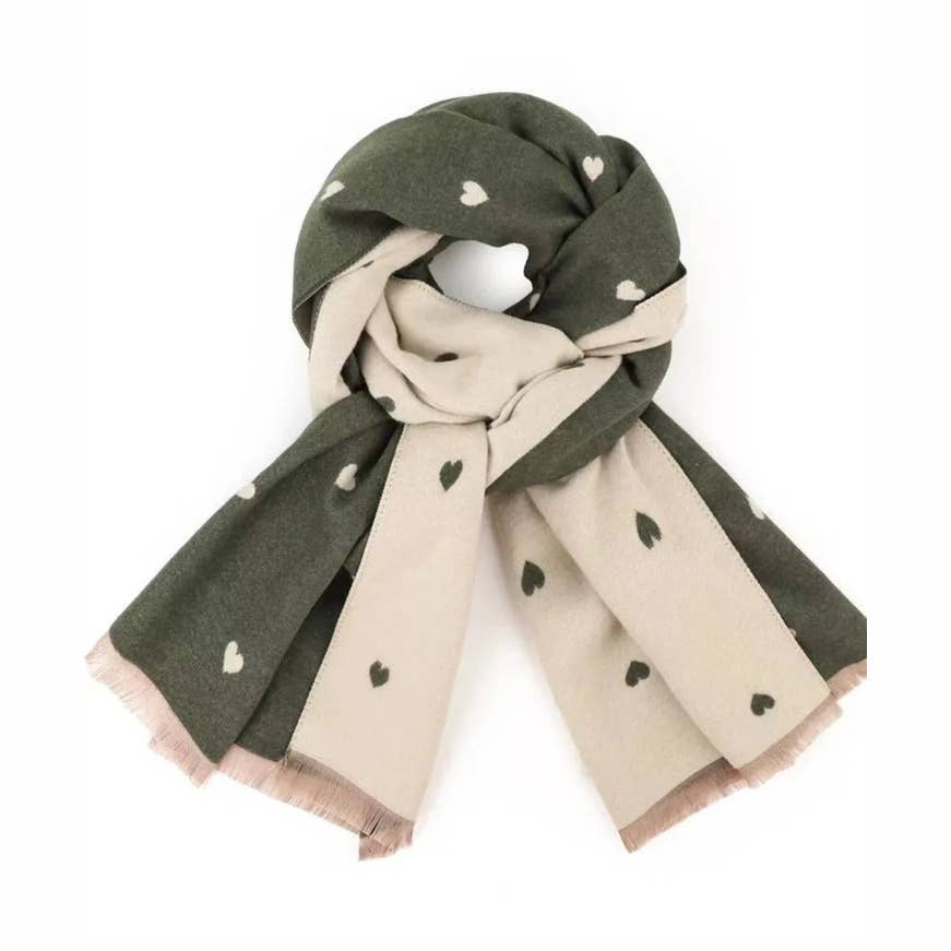 Reversible Holly Heart Winter Scarf in olive green and cream heart print