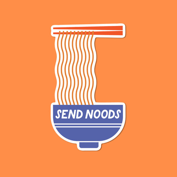 Funny waterproof vinyl sticker featuring Send Noods graphic